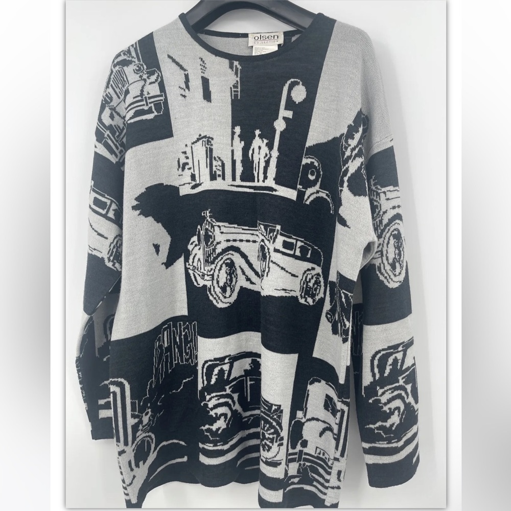 Olsen Collection Wool Blend Sweater Sz XL Vintage Streetcar Comic Scene